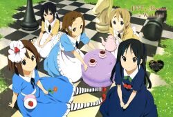  5girls absurdres akiyama_mio alice_in_wonderland alternate_hairstyle animage board_game braid chess chess_piece cup food highres hirasawa_yui horiguchi_yukiko k-on! k-on!_movie kotobuki_tsumugi macaron multiple_girls nakano_azusa official_art oversized_object saucer scan tainaka_ritsu teacup teapot twin_braids 