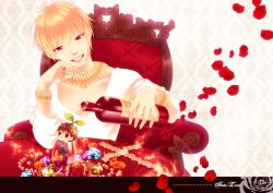  2boys alcohol blonde_hair bottle bracelet brown_eyes brown_hair chair chibi commentary_request cross cup drinking_glass easy_chair fate/zero fate_(series) gem gilgamesh_(fate) goldenslumbers jewelry kotomine_kirei male_focus multiple_boys necklace official_alternate_costume pearl_(gemstone) petals plant_on_head red_eyes wine wine_glass 