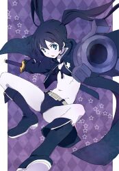  arm_cannon bad_id bad_pixiv_id belt bikini bikini_top_only black_hair black_rock_shooter black_rock_shooter_(character) black_shorts blue_eyes boots coat female foreshortening izumi_(ko8) katana long_hair looking_at_viewer midriff navel no_shirt pale_skin scar shorts solo swimsuit sword weapon 