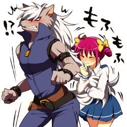  !? 1boy akasata angry belt blush clenched_teeth closed_eyes commentary_request female furry furry_male furry_with_non-furry height_difference hoshizora_miyuki interspecies long_hair nanairogaoka_middle_school_uniform pants pink_hair precure school_uniform scowl short_hair short_twintails smile smile_precure straight teeth twintails werewolf white_background white_hair wolf_boy wolfrun 