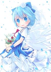  absurdres alternate_costume bad_id bad_pixiv_id blue_bow blue_eyes blue_hair blush bouquet bow bridal_veil bride cirno dress female flower frills hair_flower hair_ornament hairbow highres ice ice_wings open_mouth ribbon sakuraba_hikaru_(loveindog) shirt short_hair skirt solo touhou v_arms veil wedding_dress wings wrist_cuffs 