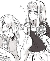  1boy blonde_hair couple edward_elric female female fullmetal_alchemist hair_dryer male mitsu_yomogi monochrome music smile towel wet winry_rockbell 