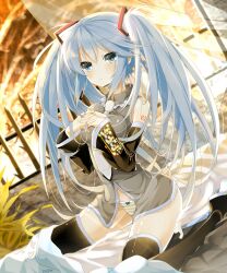  bad_id bad_pixiv_id black_thighhighs blue_eyes blue_hair boots bow bow_panties detached_sleeves dutch_angle female hands_on_own_chest hatsune_miku highres kakao_(chocolate_land) long_hair looking_at_viewer messy_hair necktie no_pants own_hands_clasped own_hands_together panties sitting solo striped_clothes striped_panties tattoo thigh_boots thighhighs twintails underwear very_long_hair vocaloid wariza 