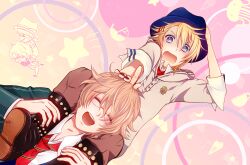  &gt;_&lt; 2boys agi_(kankarado) blue_eyes boots carrying chibi chibi_inset closed_eyes commentary_request glasses hair_ornament hairclip hat highres inset kurusu_shou male_focus multiple_boys necktie open_mouth pink_theme school_uniform shinomiya_natsuki_(uta_no_prince-sama) shoulder_carry smile uta_no_prince-sama wavy_mouth 