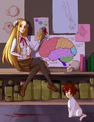  blonde_hair blood bolt_(hardware) commentary crossed_legs cup drawing english_commentary eyeball feline female fetus franken_fran glasgow_smile holding human_head jar kiyashi lips long_hair madaraki_fran mixed-language_commentary okita_(franken_fran) pantyhose science shirt sitting skirt skull solo stitches teacup 