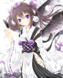  bad_id bad_pixiv_id black_wings breasts brown_hair detached_sleeves feathers female hair_ribbon hat highres himekaidou_hatate kourindou_tengu_costume mayuzumi_makiha obi purple_eyes ribbon sash scabbard sheath short_hair small_breasts solo tokin_hat touhou twintails wings 