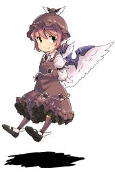  animal_ears arms_behind_back brown_socks commentary_request dress female floating grey_eyes hat lolicon mary_janes mystia_lorelei pink_hair shoes short_hair smile socks solo touhou wings yudepii 