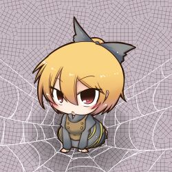  arm_support blonde_hair blush bow brown_eyes chibi commentary_request dekasudachin dress female hairbow kurodani_yamame ponytail short_hair silk solo spider_web touhou 