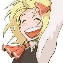  arikui_(ooooalikui) armpits arms_up blonde_hair blush closed_eyes commentary_request female happy open_mouth photoshop_(medium) rumia short_hair smile solo teeth touhou 