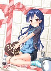  apron black_shorts blender_(object) blue_hair blush brown_eyes candy chocolate commentary_request cutoffs denim denim_shorts english_text female food heart heart-shaped_chocolate idolmaster idolmaster_(classic) kisaragi_chihaya long_hair looking_at_viewer ribbon shorts sitting socks solo striped_clothes striped_socks takasaka_donten valentine wariza 