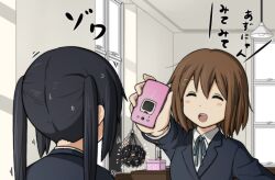  2girls black_hair brown_hair cellphone cellphone_charm charm_(object) commentary_request flip_phone hair_ornament hairclip hirasawa_yui k-on! kuuchuu_dog multiple_girls nakano_azusa phone sakuragaoka_high_school_uniform school_uniform translated twintails 