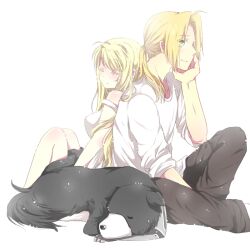  1boy animal bare_arms blonde_hair canine closed_eyes couple edward_elric female female fullmetal_alchemist male mitsu_yomogi shirt sitting sitting_on_floor sleeping smile winry_rockbell 