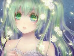  bare_shoulders commentary_request female green_eyes green_hair hatsune_miku long_hair portrait solo twintails vocaloid yamaneko514 