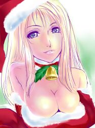  bad_id bad_pixiv_id bare_shoulders bell blonde_hair blue_eyes breasts christmas cleavage dodai_shouji elbow_gloves female gloves hat light_smile medium_breasts original santa_costume santa_hat solo 