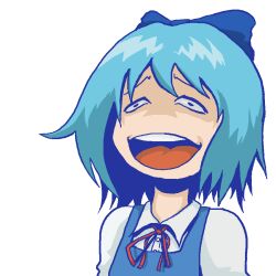  arikui_(ooooalikui) blue_bow blue_hair blue_theme bow cirno commentary_request female hairbow open_mouth photoshop_(medium) ribbon short_hair simple_background solo touhou upper_body white_background 