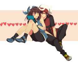  1boy bandana bike_shorts black_hair blue_eyes blush brendan_(pokemon) brown_hair commentary_request female gloves handheld_game_console heart heart_background holding holding_handheld_game_console jikei may_(pokemon) nintendo_3ds oerba_yun_fang pokemon pokemon_adventures red_eyes sepia_background simple_background 