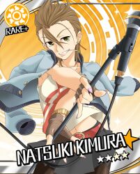  brown_hair card_(medium) card_parody character_name cinderella_girls_card_parody commentary_request earrings female idolmaster idolmaster_cinderella_girls jewelry kimura_natsuki parody pompadour punk quiff short_hair solo sparkle star_(symbol) sun_symbol takeya_yuuki 