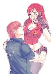  1boy bad_id bad_pixiv_id bailian belt black_gloves blue_eyes breasts brown_hair claire_redfield cleavage collarbone crop_top crying denim female fingerless_gloves gloves green_eyes groin hand_on_another&#039;s_shoulder hug jacket jeans jewelry large_breasts looking_at_another looking_up muscular neck_ring one_eye_closed open_mouth pants ponytail prison_clothes red_hair red_vest resident_evil resident_evil_-_code:_veronica rubbing_eyes sidelocks simple_background steve_burnside straight tears teeth upper_body vest white_background 