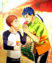  2boys bad_id bad_pixiv_id blue_hair blush cu_chulainn_(fate) cu_chulainn_(fate/stay_night) earrings eating emiya_shirou fate/hollow_ataraxia fate/stay_night fate_(series) food hawaiian_shirt ice_cream jewelry long_hair male_focus multiple_boys official_alternate_costume orange_hair ponytail raglan_sleeves red_eyes setta_(tokinon) shirt yaoi yellow_eyes 