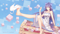  arm_support bare_shoulders barefoot blue_eyes bow bracelet commentary_request dress female hairbow high_heels highres jewelry legs long_hair ltt_challenger md5_mismatch pendant photoshop_(medium) ponytail purple_hair ryuugajou_nanana ryuugajou_nanana_no_maizoukin shoe_dangle sitting sleeveless solo treasure_chest very_long_hair 