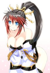  bad_id bad_pixiv_id black_hair blue_eyes breasts cleavage closed_eyes collarbone detached_sleeves dress female hair_between_eyes hair_ornament hinano large_breasts leaning_forward long_hair multicolored_hair nanbu_kaguya no_panties ponytail red_hair smile solo strapless strapless_dress super_robot_wars super_robot_wars_og_saga_mugen_no_frontier thighhighs two-tone_hair 