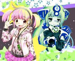  2girls commentary_request green_hair headphones long_hair multiple_girls naruse open_mouth painttool_sai_(medium) pink_hair short_hair short_twintails smile twintails voice_fes_2012 