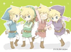  4boys alternate_color bad_id bad_pixiv_id blonde_hair blue_eyes crossed_arms hat hylian_shield link male_focus multiple_boys multiple_persona popupopo shield smile the_legend_of_zelda the_legend_of_zelda:_four_swords toon_link v 