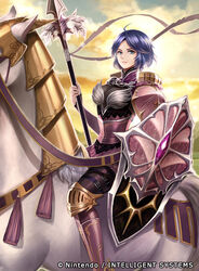  armor armored_boots blue_eyes blue_hair boots commentary_request feathers female fire_emblem fire_emblem:_mystery_of_the_emblem fire_emblem_cipher horse midia_(fire_emblem) momori official_art polearm shield short_hair solo spear weapon 