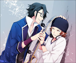  2boys anger_vein beanie black_hair brown_hair commentary_request fushimi_saruhiko glasses hat k-project multiple_boys red_hair skateboard yata_misaki yun_(neo) 