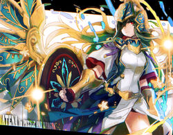  armor athena_(p&amp;d) breastplate character_name commentary_request dress female gauntlets green_hair helmet long_hair magic meer_rowe photoshop_(medium) puzzle_&amp;_dragons red_eyes shield solo sparkle very_long_hair white_dress wings 