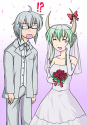  !? 1boy ahoge breasts commentary_request couple dress ex-keine female glasses horn_ornament horn_ribbon horns kamishirasawa_keine medium_breasts morichika_rinnosuke ribbon straight tears touhou tsukimi_(ryouiki_ridatsu) wedding wedding_dress wiping_tears 