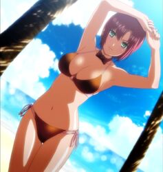  anime_screenshot bikini breasts cleavage female green_eyes highres large_breasts navel outdoors pink_hair red_hair rio_-rainbow_gate!- rio_rollins short_hair side-tie_bikini_bottom smile solo stitched super_blackjack swimsuit third-party_edit 