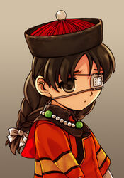  acea4 braid brown_eyes brown_hair chinese_empire commentary_request eyepatch female hat jewelry necklace original personification photoshop_(medium) qing_dynasty qingdai_guanmao solo 