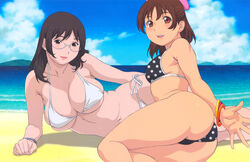  2girls absurdres aoi_minamo artist_request ass beach bikini black_eyes black_hair bracelet breasts brown_eyes brown_hair curvy day glasses highres holon jewelry large_breasts long_hair lying multiple_girls outdoors photoshop_(medium) polka_dot polka_dot_bikini polka_dot_swimsuit real_drive short_hair side-tie_bikini_bottom swimsuit thighs 