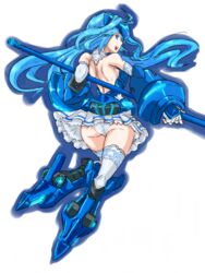  armor blue_eyes blue_hair commentary_request female fingerless_gloves gauntlets gloves greaves headgear long_hair panties solo thighhighs underwear vividblue vividred_operation wantsupanchi!! white_thighhighs 