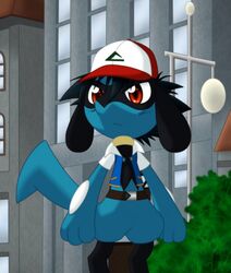  auburn_eyes baseball_hat pokemon riolu satoshi_(pokemon) 