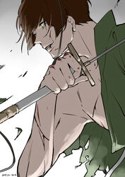  1boy blood brown_hair commentary_request cuts dated gradient_background holding holding_sword holding_weapon injury ishikirimaru male_focus parted_lips solo sword torn_clothes touken_ranbu wand3754 weapon yellow_eyes 