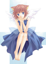  animal_ears barefoot blue_dress blue_eyes brown_hair cat_ears character_request copyright_request dress female own_hands_clasped own_hands_together short_hair solo takigawa_yuu wings 