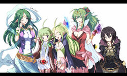  5girls :d ahoge bad_id bad_pixiv_id bad_proportions black_hair blush bow braid breasts cape choker circlet cleavage cloak crying crystal dress echizen_(hvcv) fire_emblem fire_emblem:_mystery_of_the_emblem fire_emblem_awakening flat_chest garter_straps gloves green_eyes green_hair hair_ornament hair_ribbon heart impossible_clothes impossible_jacket impossible_shirt jacket large_breasts letterboxed long_hair midriff morgan_(female)_(fire_emblem) morgan_(fire_emblem) multiple_girls naga_(fire_emblem) nah_(fire_emblem) nowi_(fire_emblem) open_mouth pants pink_legwear pointy_ears ponytail purple_eyes red_eyes ribbon sash shawl shirt short_hair side_braid side_slit skirt smile tears thighhighs tiki_(adult)_(fire_emblem) tiki_(fire_emblem) trait_connection translated twin_braids wavy_mouth white_background wince 