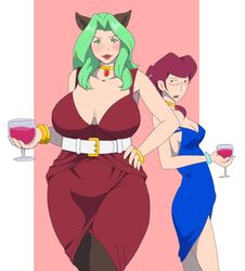  2girls animal_ears belt blue_dress bracelet breasts cat_ears cleavage commentary_request curvy dress glasses green_eyes green_hair jewelry large_breasts long_hair looking_at_viewer mole multiple_girls necklace pantyhose pine-pine red_dress red_hair scarlet_(space_dandy) smile space_dandy supi_(inner_map) thighs wide_hips 