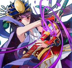  androgynous armpits bare_shoulders blunt_bangs commentary_request flat_chest flower gender_request hair_flower hair_ornament hakama hakama_skirt haori headpiece holding holding_sword holding_weapon japanese_clothes katana long_hair magatama meer_rowe outline photoshop_(medium) ponytail purple_hair puzzle_&amp;_dragons red_eyes sheath simple_background skirt sleeveless solo sword very_long_hair weapon white_background yomi_(p&amp;d) 