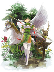  animal armor bad_id bad_pixiv_id commentary_request deer earrings elbow_gloves fee_(fire_emblem) female fingerless_gloves fire_emblem fire_emblem:_genealogy_of_the_holy_war flower gloves green_eyes green_hair headband jewelry kaito_(sawayakasawaday) pantyhose pegasus pegasus_knight_uniform_(fire_emblem) polearm short_hair smile solo spear standing tree weapon 