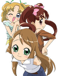  3girls belt blue_eyes blue_skirt blush bow brown_hair cowboy_shot green_eyes hairbow ijuin_sachiko kine_hiroko looking_at_viewer looking_back multiple_girls ojamajo_doremi one_eye_closed open_mouth simple_background skirt smile sweatdrop t-hiko tareme twintails upper_body wada_mint white_background 