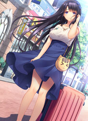  black_hair blue_bow blue_eyes bow breasts collarbone day dutch_angle female floating_hair game_cg hairband hairbow hand_in_own_hair high-waist_skirt highres kazuzu large_breasts long_hair long_skirt outdoors photoshop_(medium) sanse_hui_lian shirt skirt smile solo standing very_long_hair wen_zhi white_shirt 