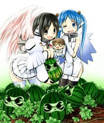  &gt;_o 3girls :d ;d aioi_yuuko black_eyes black_hair blue_eyes blue_hair blush breasts chains choker collar commentary_request company_connection cosplay cube_hair_ornament daruma_doll food fruit hair_ornament heart ikaros ikaros_(cosplay) kadokawa leaf long_hair looking_at_viewer medium_breasts multiple_girls naganohara_mio naruse nichijou nymph_(sora_no_otoshimono) nymph_(sora_no_otoshimono)_(cosplay) one_eye_closed open_mouth painttool_sai_(medium) plant shinonome_nano short_hair skirt smile sora_no_otoshimono thighhighs twintails watermelon white_legwear winding_key wings 