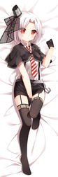  anchor between_legs black_gloves black_skirt black_thighhighs blush capelet commentary_request dakimakura_(medium) eyes_visible_through_hair female full_body garter_straps gloves hand_between_legs hat looking_at_viewer lying mini_hat miniskirt necktie on_back pencil_skirt red_eyes short_hair skirt solo striped striped_necktie suspenders thighhighs vittorio_veneto_(warship_girls_r) warship_girls_r white_hair xia_xiang_(ozicha) 