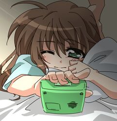  alarm_clock bed_sheet blush brown_hair clock commentary_request female fuka_reventon green_eyes hair_down long_hair lying lyrical_nanoha on_stomach sleepy solo sunlight tatsuko_(tttk_64) vivid_strike! 