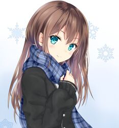  aqua_eyes bad_id bad_twitter_id blush brown_hair ear_piercing female idolmaster idolmaster_cinderella_girls long_hair looking_at_viewer momoi piercing scarf shibuya_rin snowflake_background snowflakes solo upper_body winter_clothes 