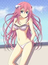  blue_eyes bra breasts cleavage commentary_request egichan female gakusen_toshi_asterisk highres julis-alexia_von_riessfeld long_hair looking_at_viewer medium_breasts navel panties pink_hair smile solo underwear underwear_only very_long_hair 