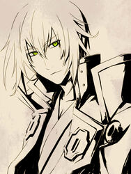  1boy blazblue collair_(cono) expressionless green_eyes jin_kisaragi male_focus solo spot_color 